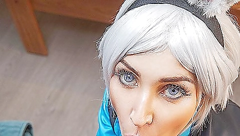 Sexy girl in pink cosplay is getting a blowjob from a guy