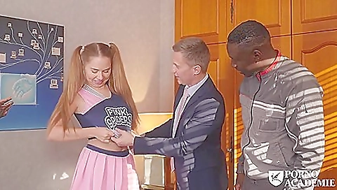 Blonde teen gets fucked in a double penetration in a threesome