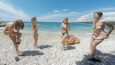 Four blondes getting nude in the beach and fucked in vr porn