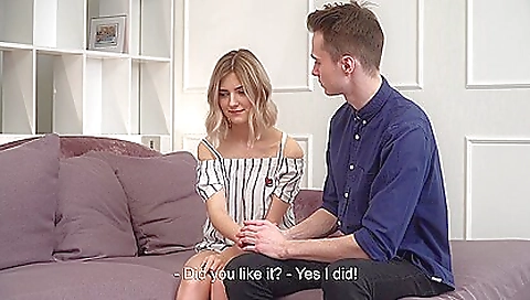 Blonde with big tits enjoys defloration of her pussy