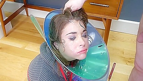 Latex teen 18+ takes a huge load of cum in her mouth and face