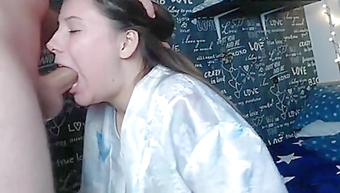 Amateur brunette swallows cum from her husband's deepthroat