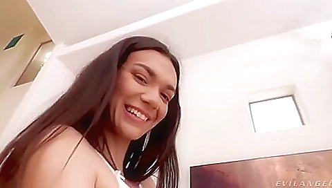 Big cock is getting fucked by a sexy brunette in lingerie